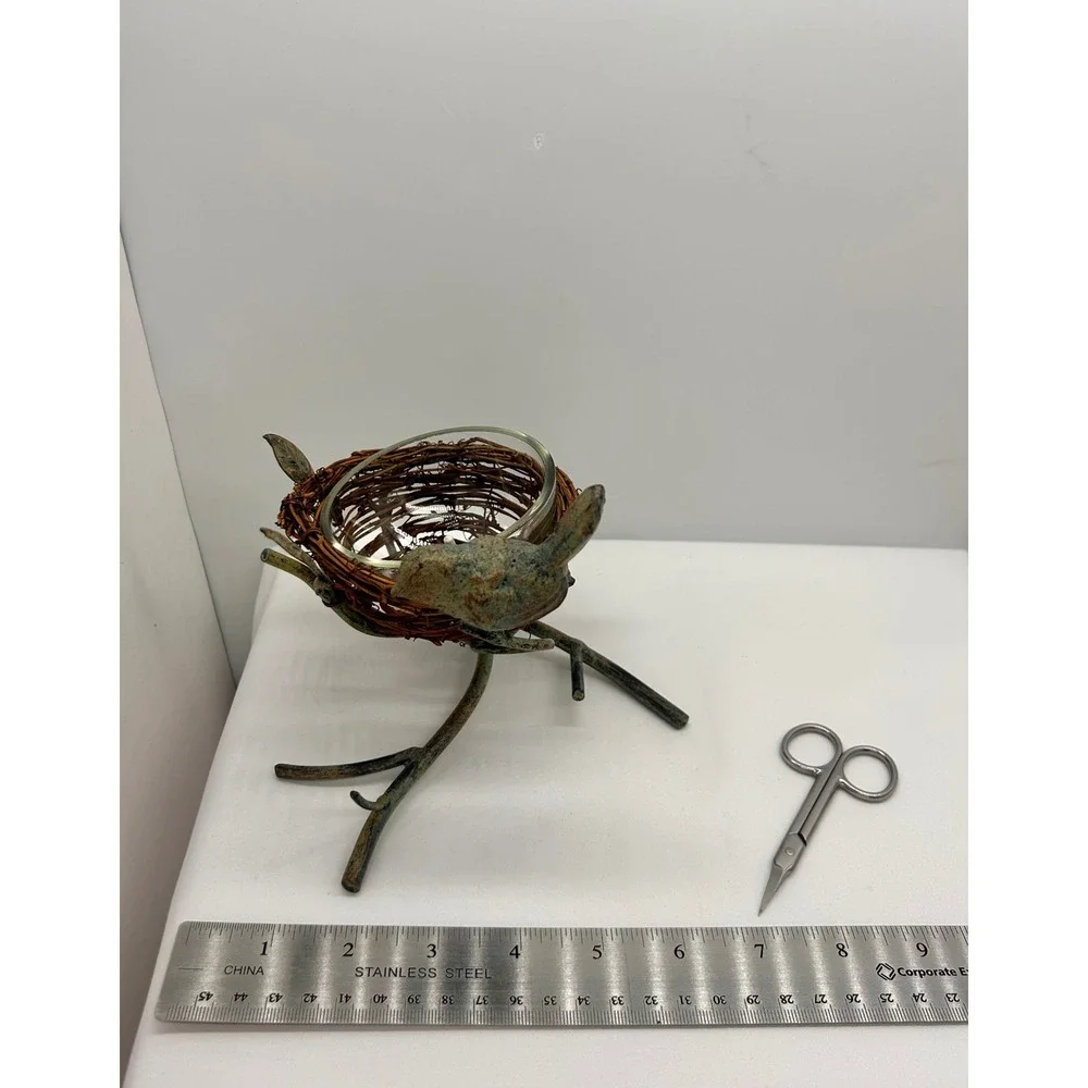 Rustic Bird Nest Tea Light Candle Holder Verdigris Metal Branch Votive Decor